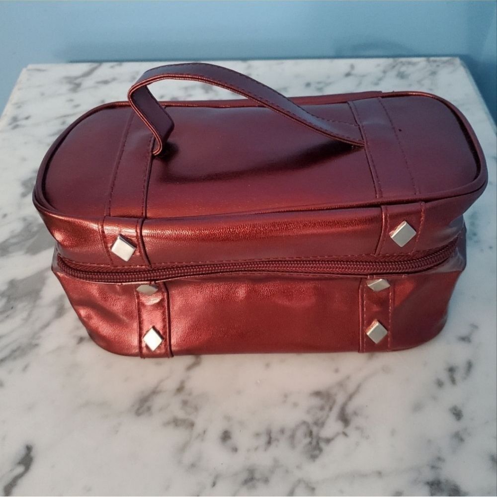 Maroon Metallic Metal Detail Zip Up Cosmetic Case